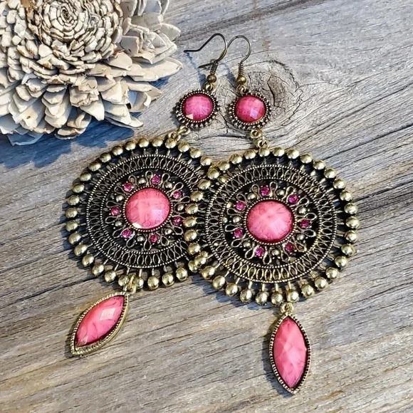 Vintage Neo Victorian Glam Long Faux Stone Dangle Earrings - Picture 1 of 9